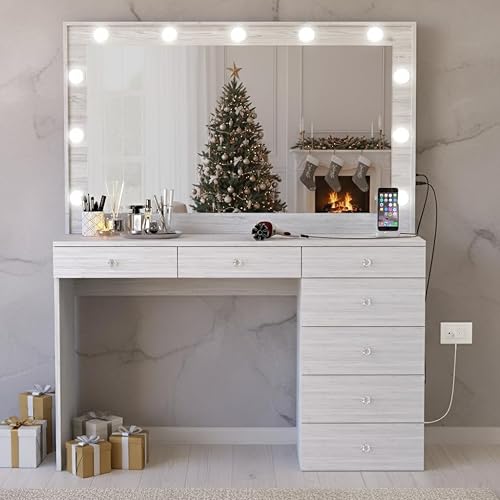 Boahaus Diana White Vanity with Mirror and 11 Lights, 7 Drawers, Crystal Knobs, USB-C + USB-A Ports, 110V Power Outlet, Glass Top, and Jewelry Organizer (Grey-1)