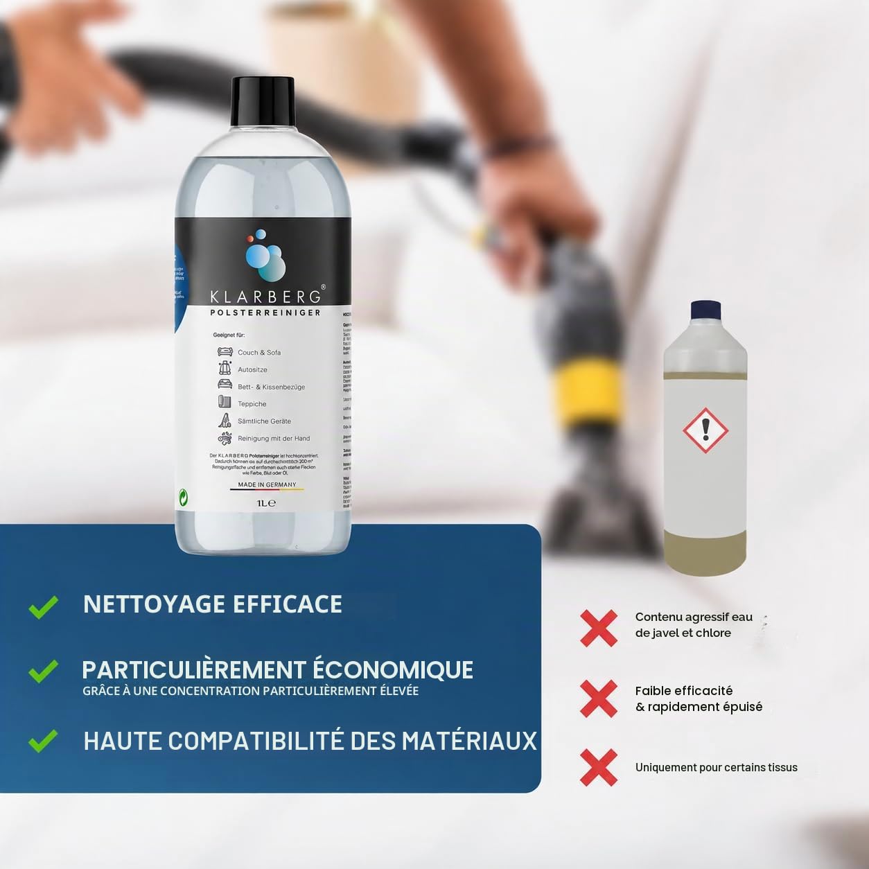KLARBERG® Lot de 4 nettoyeurs concentrés de 1 l - Pour canapé, tapis, sièges de voiture, textiles et bien plus encore - Convient pour les aspirateurs de lavage, les aspirateurs humides et le nettoyage