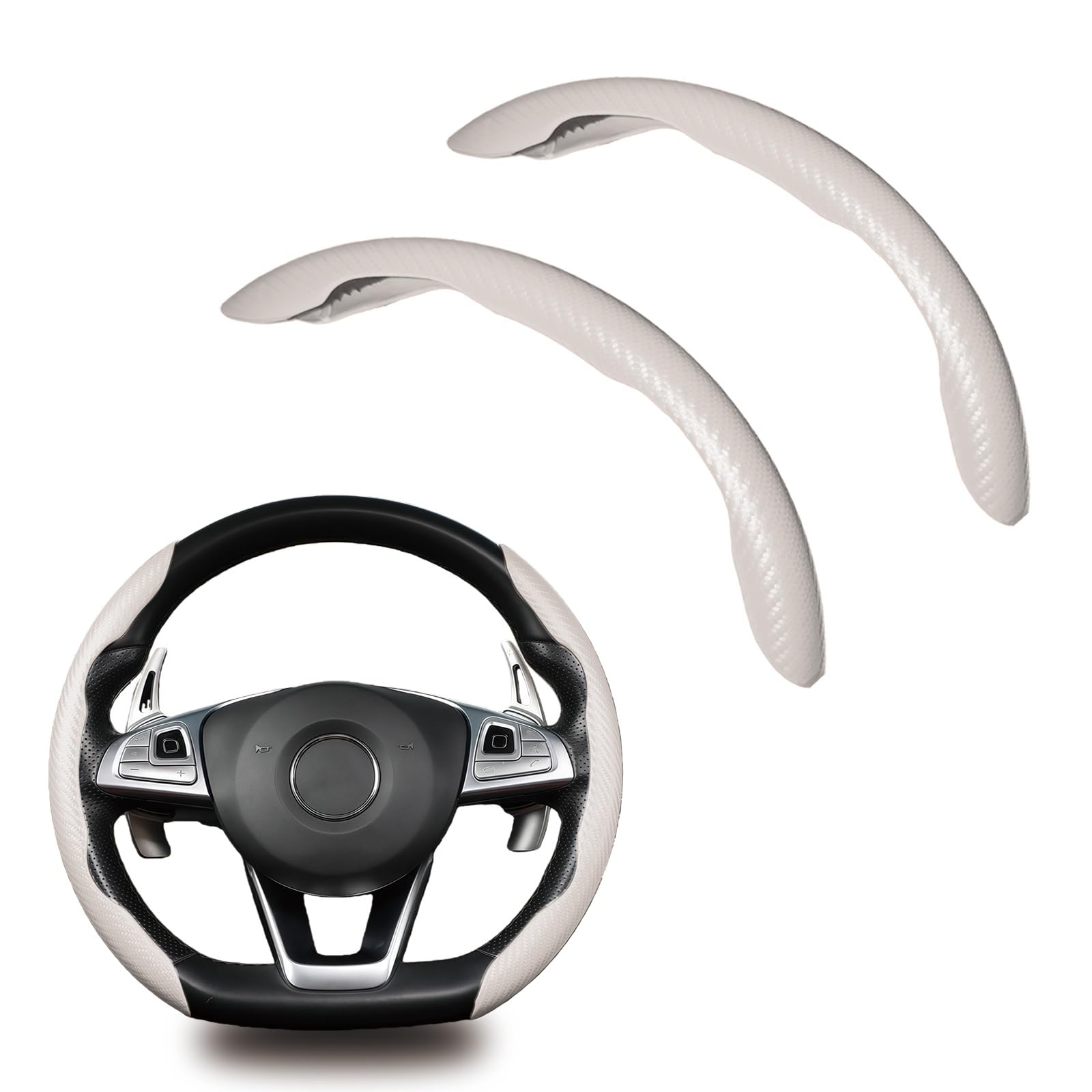 Steering Wheel Cover for Toyota Land Cruiser 2000-2011, 2013-2025, 2PCS Segmented Wheel Protector Fit for 14.5-15 inch O & D Shape, Carbon Fiber Anti-Skid Breathable, Car Interior Accessories, White