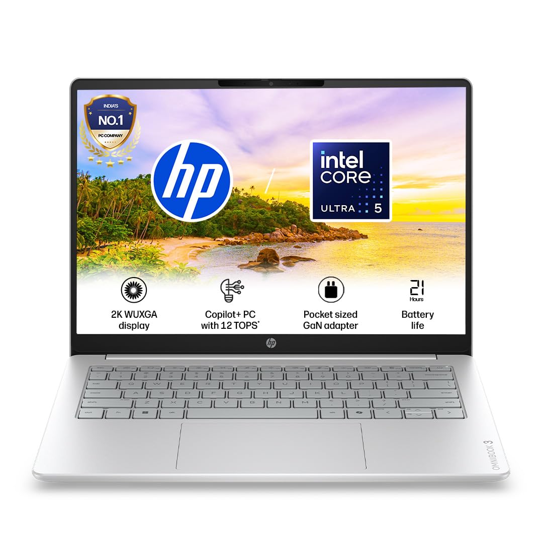 HP OmniBook 3 ● Intel Core Ultra 5 322● 46 Tops● 16GB DDR5 (Upgradeable)● 512GB SSD● 2K●14''/35.6cm● 300nits● Win11● Office24● Silver● 1.4kg● hs0052TU● Lighter mini GaN Charger● AI Laptop — image 1 of 13