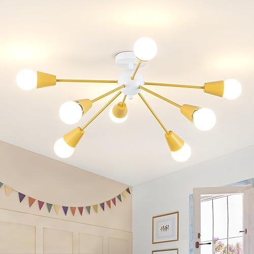 Miniatura 10 de Candelabro Sputnik Moderno - Accesorio de Luces de Techo Estilo Granja de 8 Luces, Negro y Dorado, Montaje Semi Empotrado para Sala de Estar