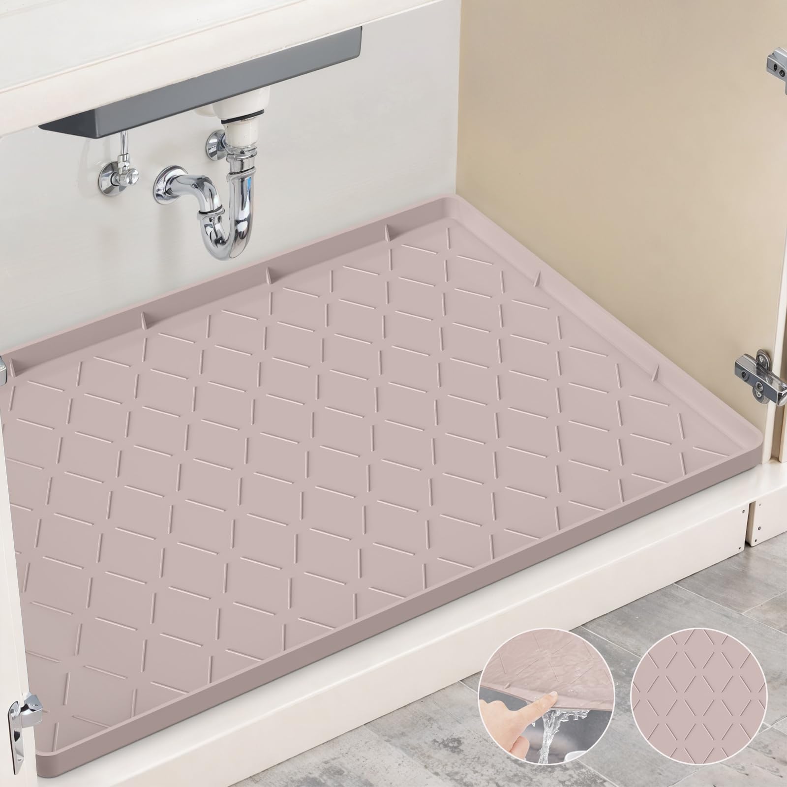 Ruinovate Under Sink Mat for Kitchen Waterproof, 34" x 22" Sink Protectors for Organizers and Storage, Silicone Mats for Kitchen Counter, Under The Sink Organizer (Taupe)