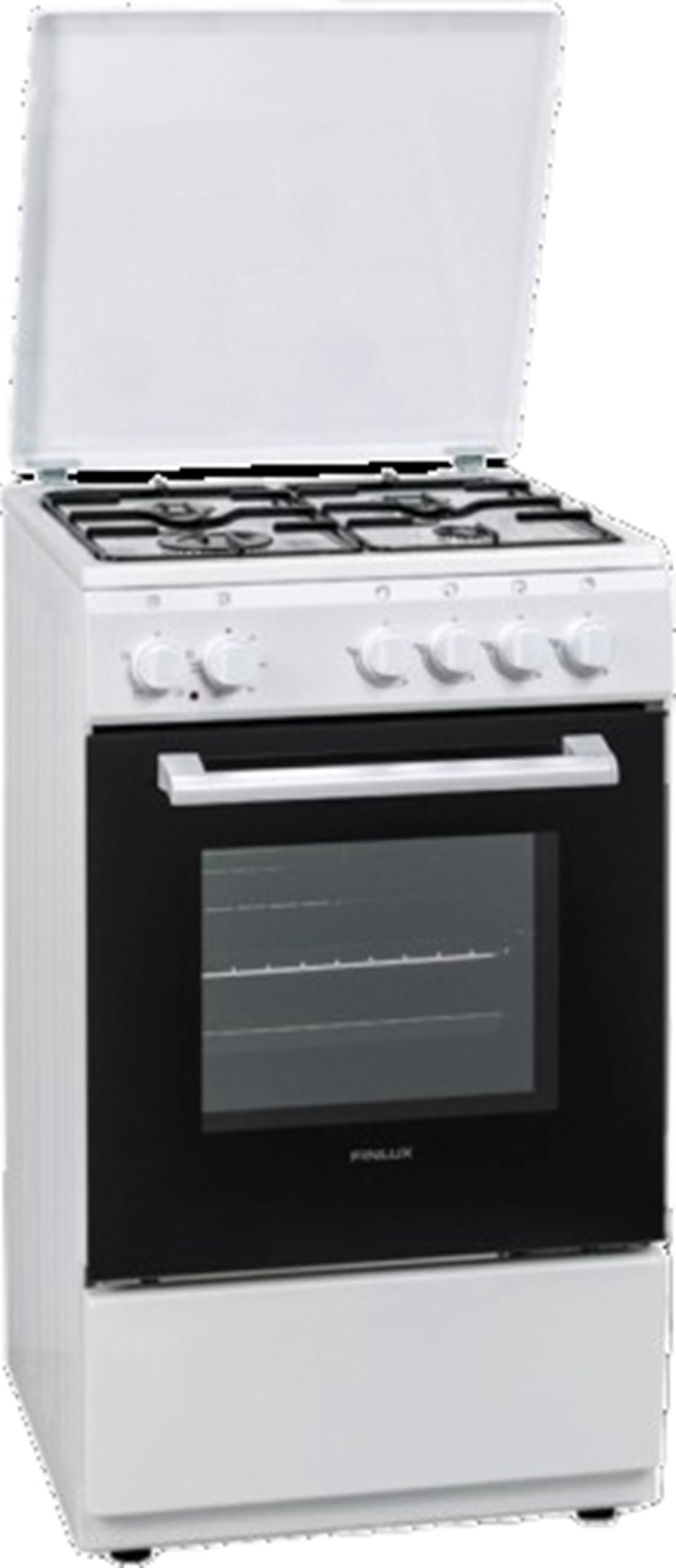 Finlux FXMC55WM - Cucina a gas con forno, 4 Fuochi, 50x50 cm, Classe energetica A