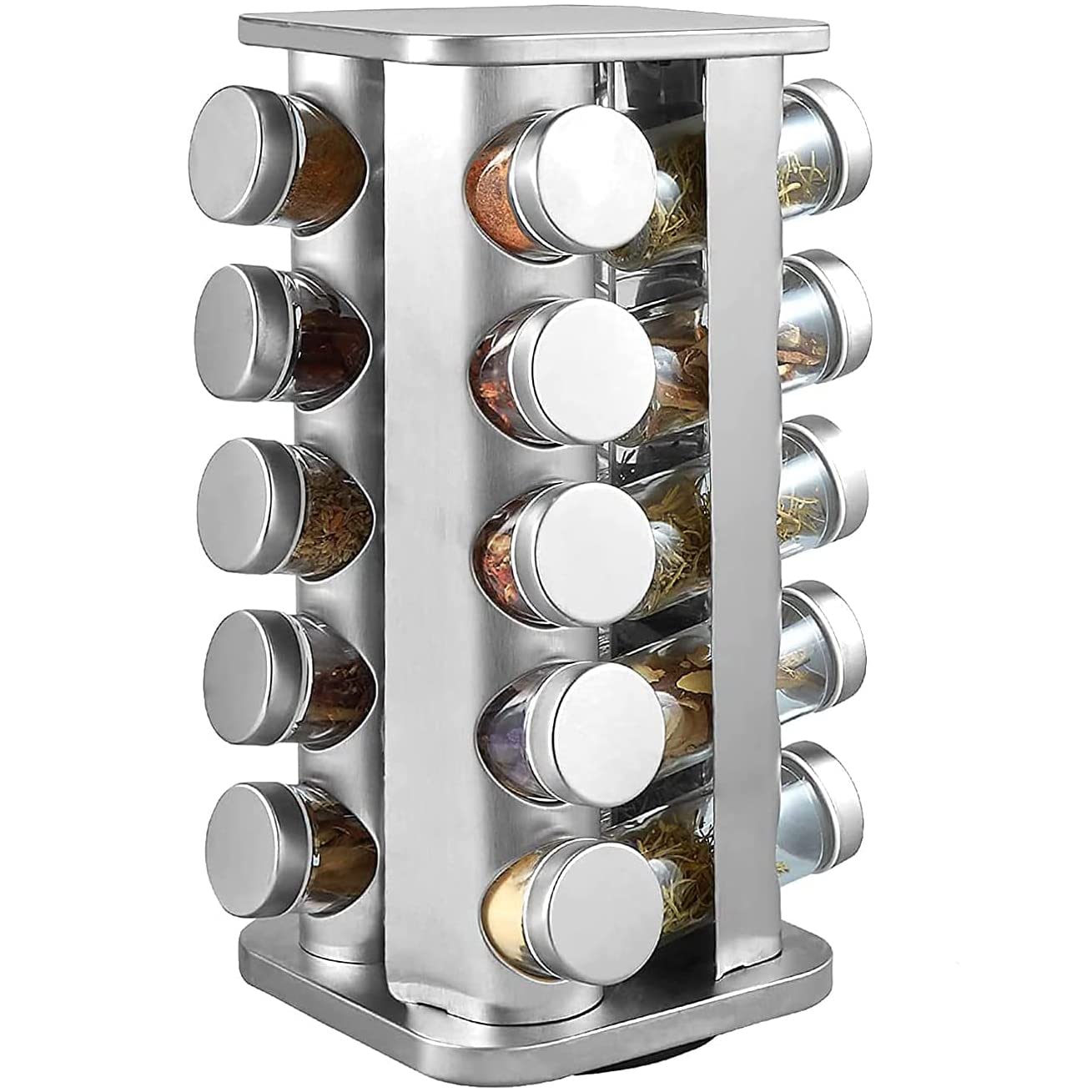 Arabest Revolving Spice Rack, Stainless Steel Spice Organizer with 20 Spice Jars, Standing Cabinet Seasoning Tower for Kitchen, Spice Containers Organizer Holder Set, Suitable for Countertop, Cabinet