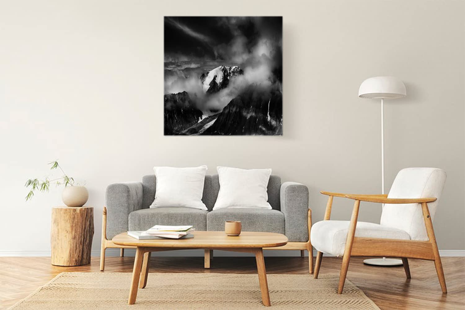 VERRE ART Wood Framed Canvas - Wall Decor for Living Room, Bedroom, Office, Hotels, Drawing Room (22in X22in) - Snowy Mountain With Clouds B&W