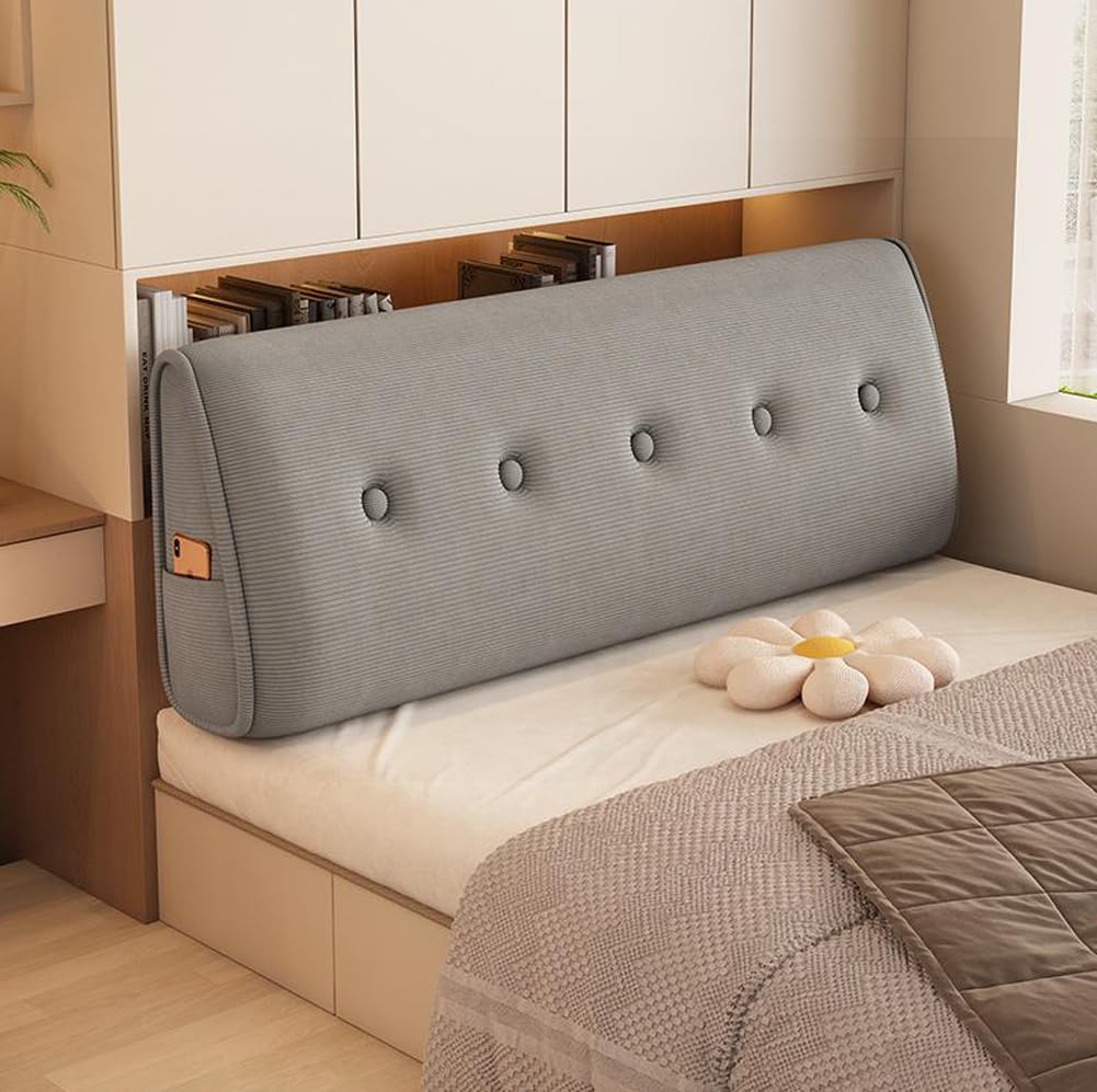 HEANCRIE Large Lounge Headboard Pillow,Corduroy Triangle Pillow for Bed,Washable Backrest Cushion with Button Design,Comfort Waist Bolster for Tatami/Bed Sitting (Grey,150X50X20CM)
