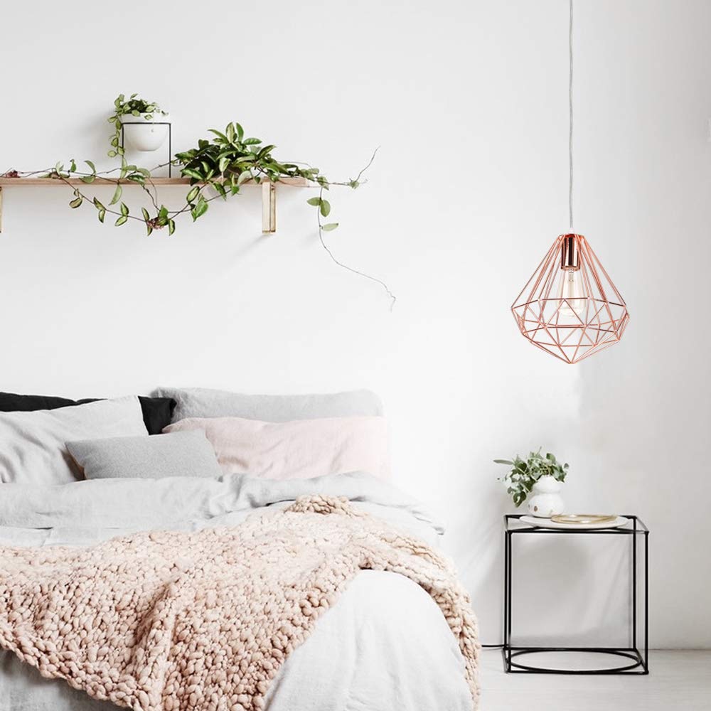 iDEGU Suspension Luminaire Moderne, Lustre Plafonnier Industriel Lampe de Plafond Abat-Jour en Forme de Cage Métal Décoration d'éclairage pour Chambre Salon Salle à Manger, Or Rose (Diamant 25CM)