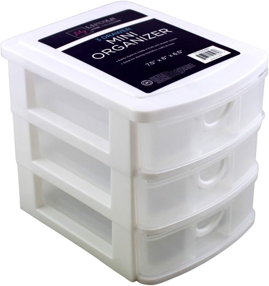 Dependable Industries inc. Essentials 3 Drawer Mini Plastic Organizer Makeup HBA Cosmetics Arts & Crafts Desktop Stationary (White)