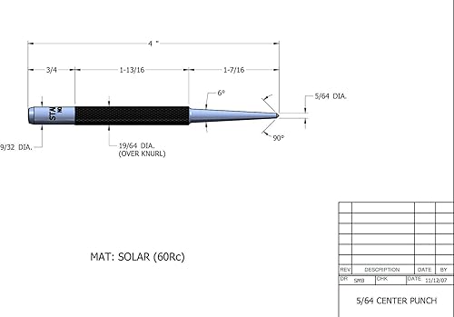 Miniatura 17 de Starrett Punzón central de acero con vástago cuadrado y agarre de dedo moleteado, endurecido y templado, 3-3/4 pulgadas de longitud, punta cónica