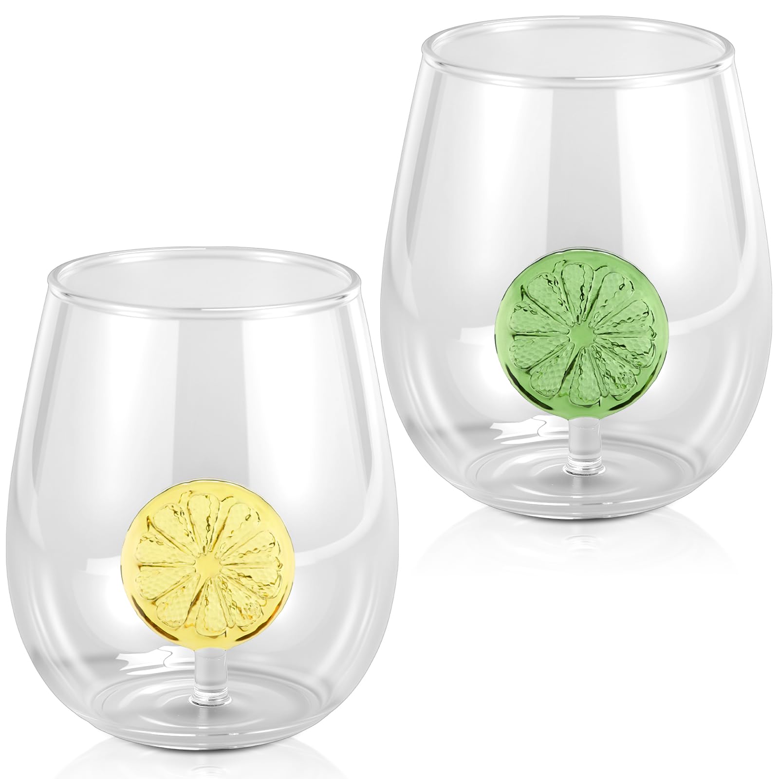 Remerry 2 Pcs Lemon Wine Glasses 12oz Yellow Lemon Slice Stemless Wine Glasses with 3D Lime Slice Figurines