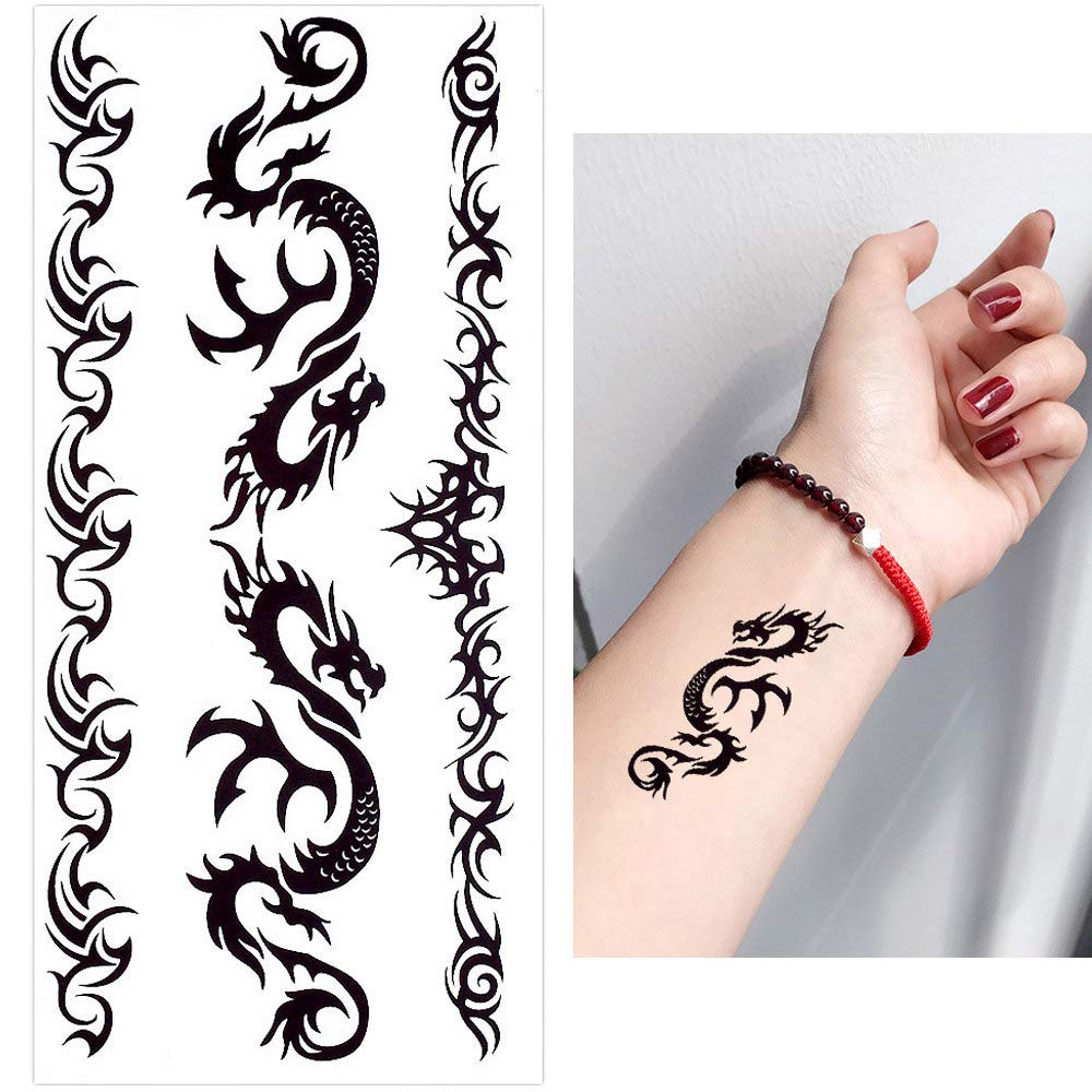 3D Temporary Tattoo Sticker Beautiful Black Color Tribal Totem Dragon Popular Design Size 19x9 CM - 1PC.