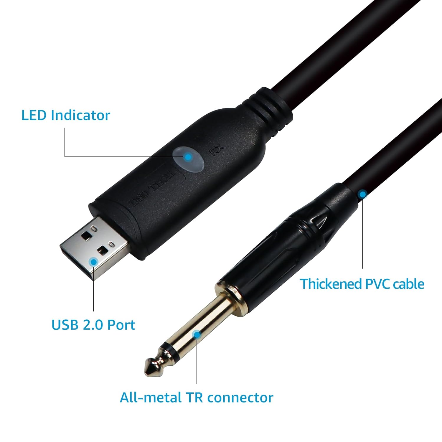 Close-up of DSD TECH SH-AU20B USB and 6.35mm connectors with LED indicator and thickened PVC cable