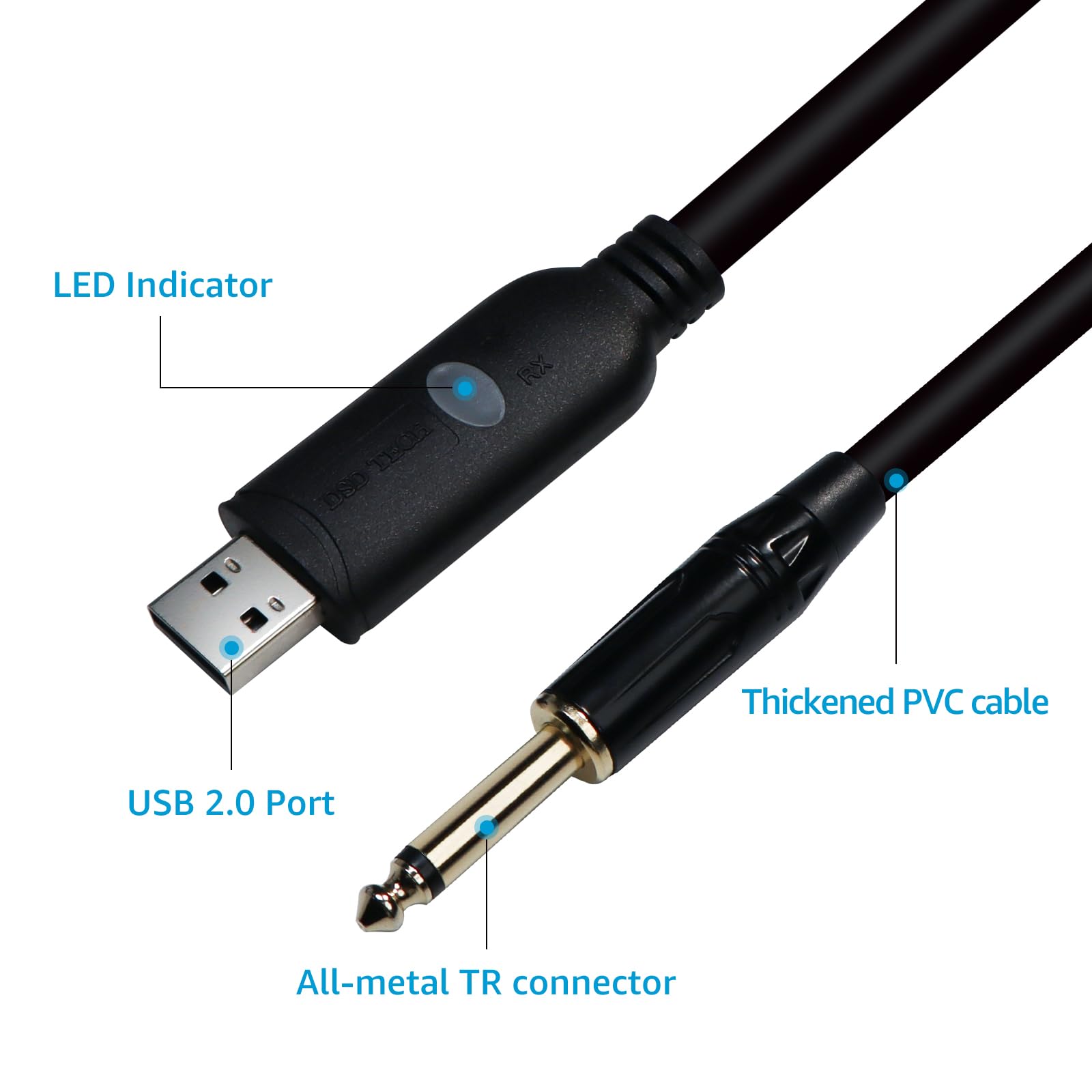 DSD TECH SH-AU20B USB zu 6.35mm Aufnahme-Audiokabel Unterstützt 96Khz 24Bit Sampling Rate