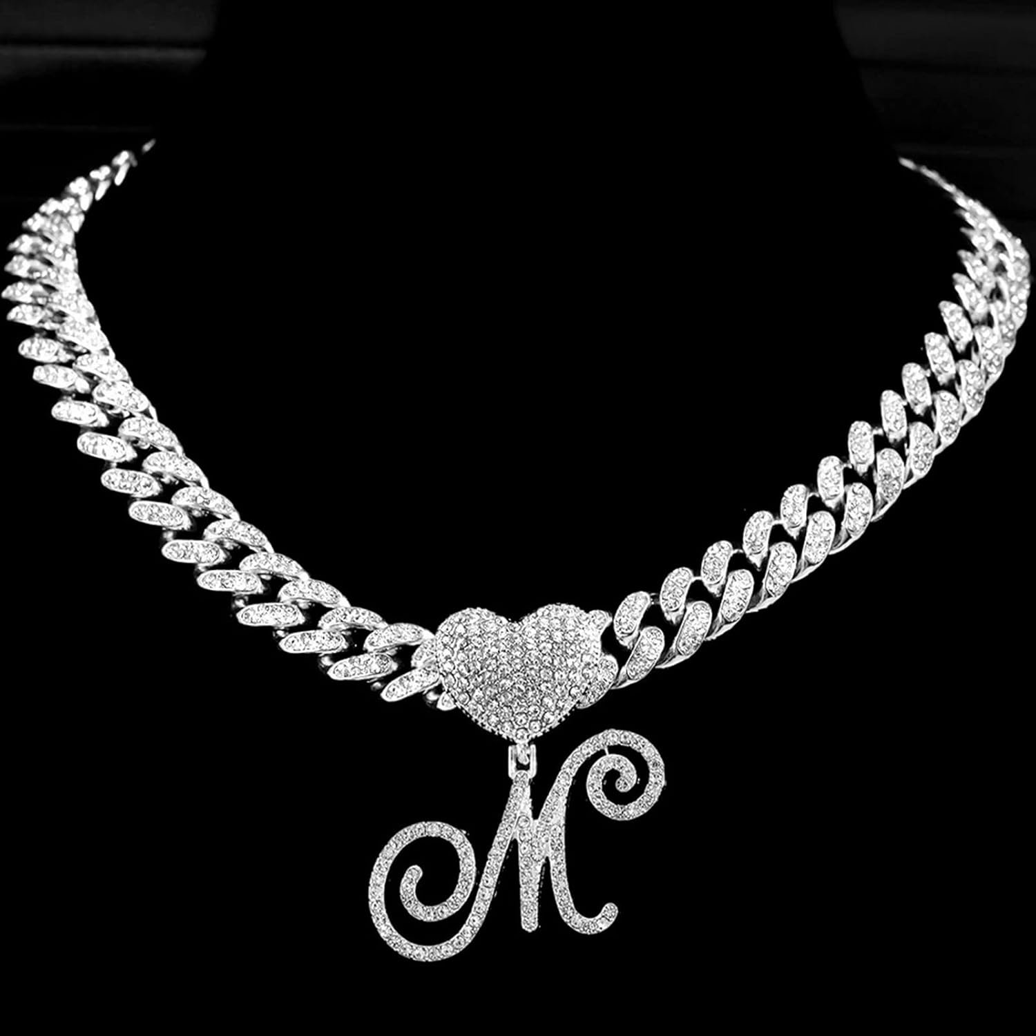 Cursive Silver Initial Pendant Necklaces Alphabet Pendant Miami Cuban Link Chain Necklace for women Hip Hop Iced Out Letter Chain with Pendant Jewelry … - Image 2