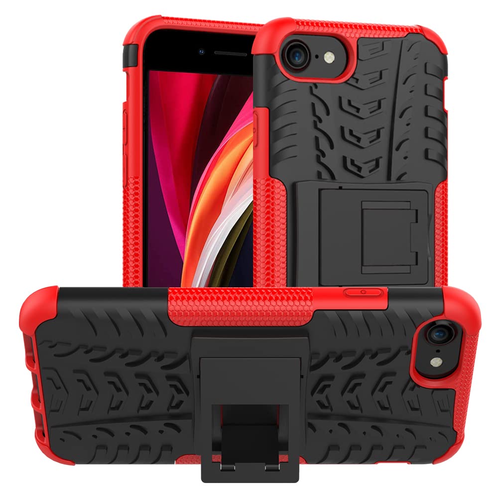 ALDHOFA iPhone 8/SE 2020/SE3 Case, Heavy Duty Shock Proof Protective Phone Case, Dual Layer Hybrid Cover with Kickstand (Red)