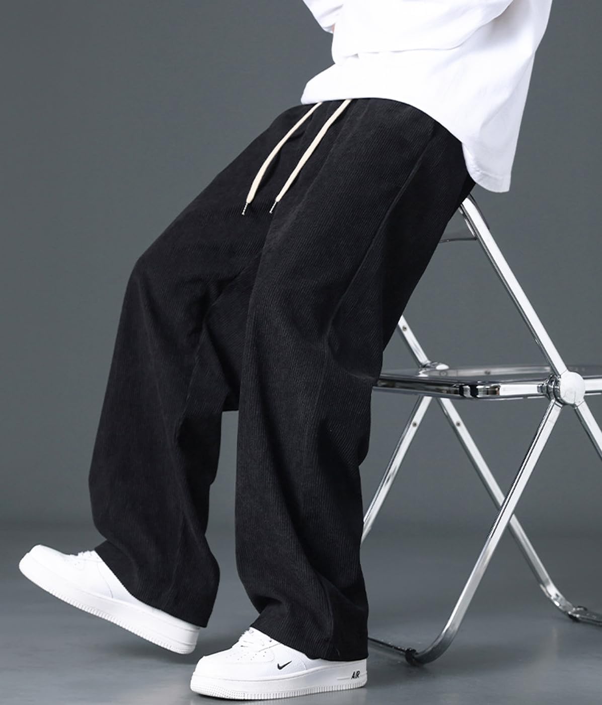 Men's Corduroy Pants Elastic Waist Drawstring Baggy Pants Fashion Loose Casual Long Trousers with Pockets - Image 4