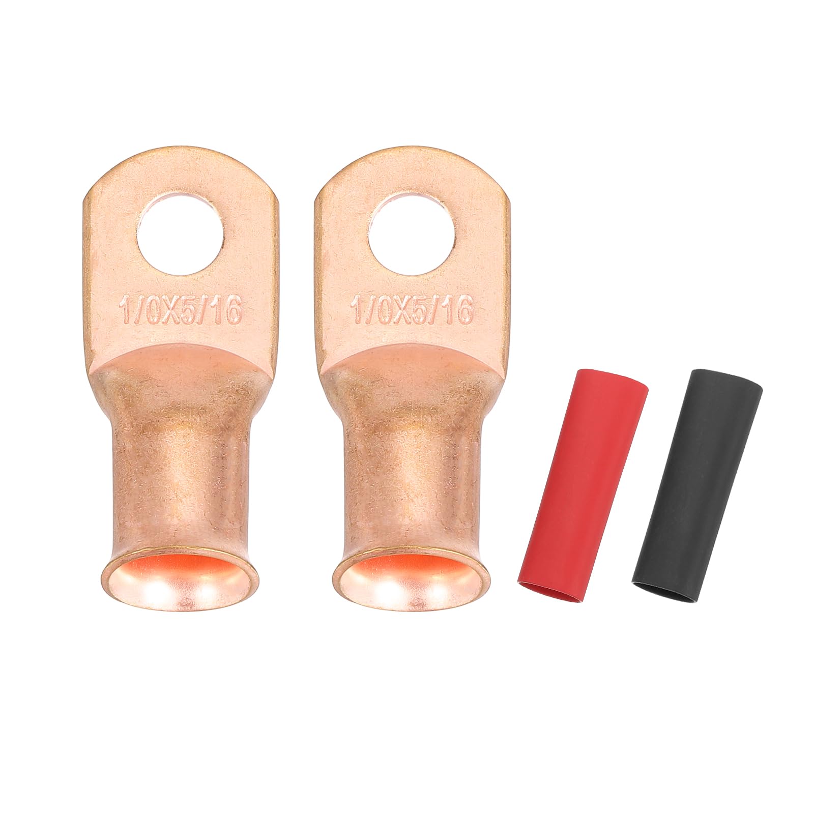 sourcing map 2pcs 1/0 AWG M8 Battery Lugs Ring Terminals, 5/16" 8mm Stud Crimp Wire Terminal Connector End Copper, 2:1 Heat Shrink Tubing, Gold