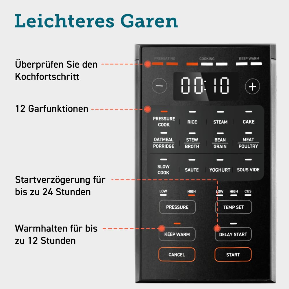 COSORI Schnellkochtopf, Keramikbeschichtung, 9-in-1, Multikocher mit 14 Funktionen, Pressure Cooker 5,7 L, Reiskocher, Dampfgarer, Joghurtbereiter, Slow cooker und Sous Vide, Rezeptbuch, Edelstahl