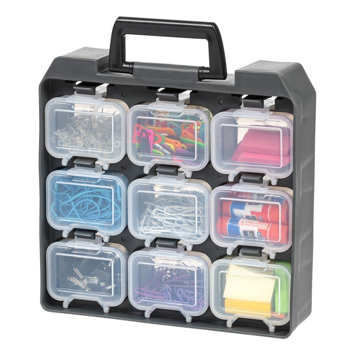 Iris Ohyama, Caja de almacenamiento de bricolaje, 9 compartimentos de Tornillo extraíbles, soporte para cinturón, garaje - Unit Case UC-9 - Gris/Negro