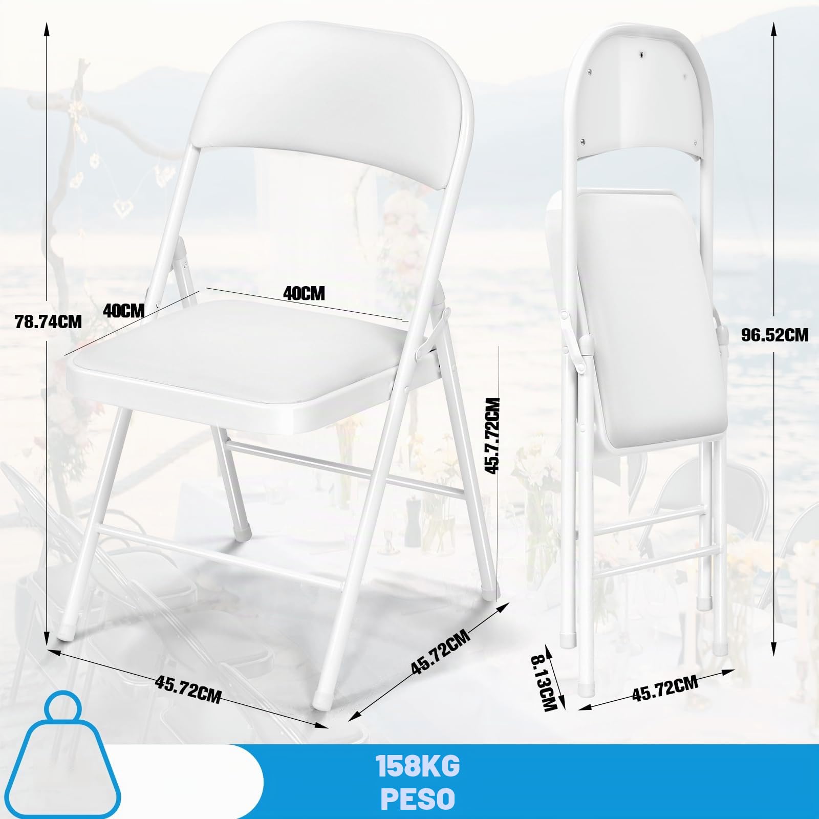 Set di 6 Sedie Pieghevoli, Imbottite, Portata Fino a 160 kg, Comodo ed Stabili Sedia Pieghevole per Giardino, Esterno, Campeggio, Balcone Interni, Ufficio, Feste, bianco