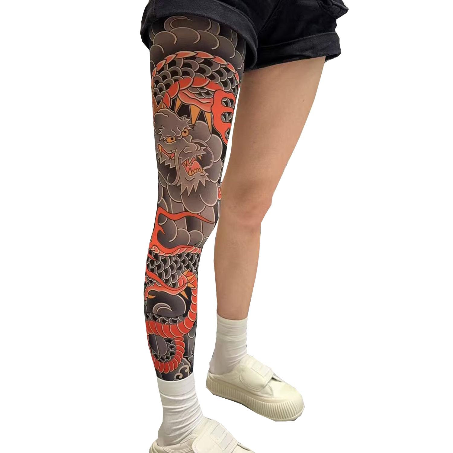 GSJDKN Tattoo print Single Leg stockings Cover scars Premium Mock Patterned Stockings unisex Tights with Designs (Dragon)