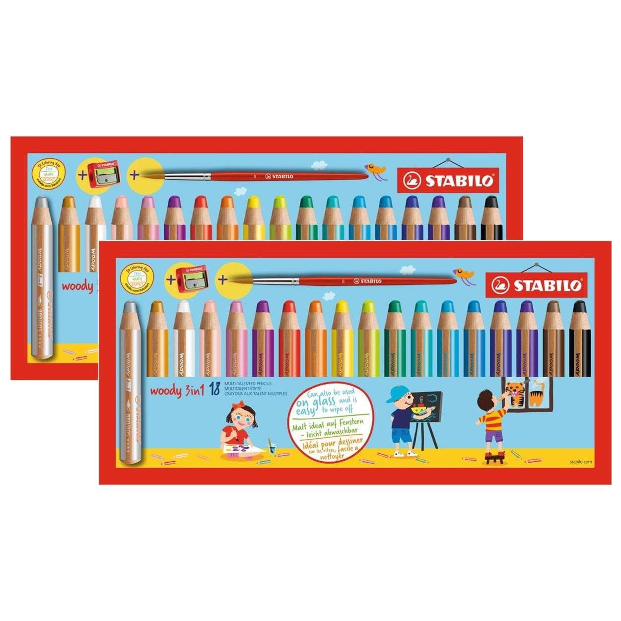 STABILO Lot de 2 Etuis carton de 18 Crayons WOODY 3 en 1 Extra large avec taille-crayon