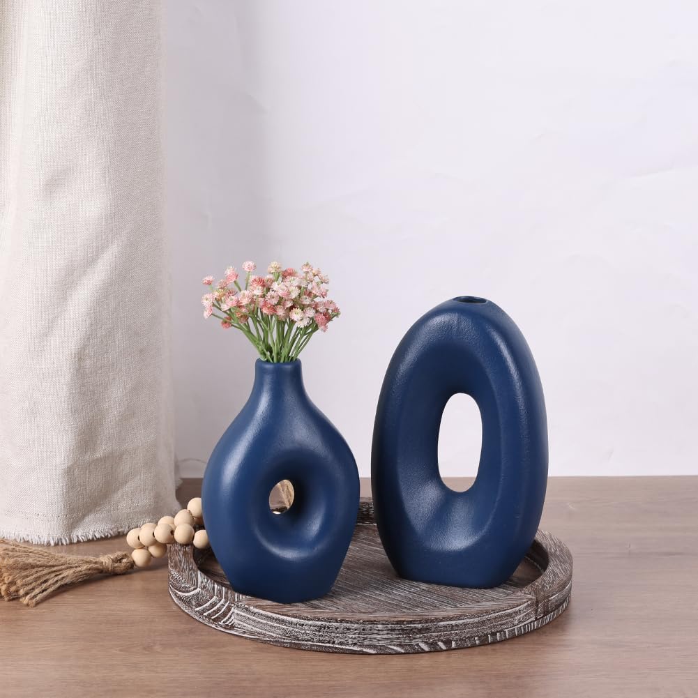 Nordic Blue Round Vase Set,4 Blaue Keramik Ovale Donut Vase, Minimalistische Moderne Wohnkultur, Matte Blue Dekorative Vase für Home Decor Büro Einweihungsgeschenk Wohnzimmer Esstisch Pampasgras Dekor