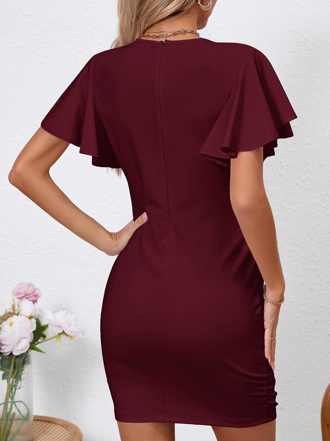 Women's Sexy V Neck Ruffle Sleeve Bodycon Mini Cocktail Party Dress Casual Short Sleeve Work Dress - Image 4