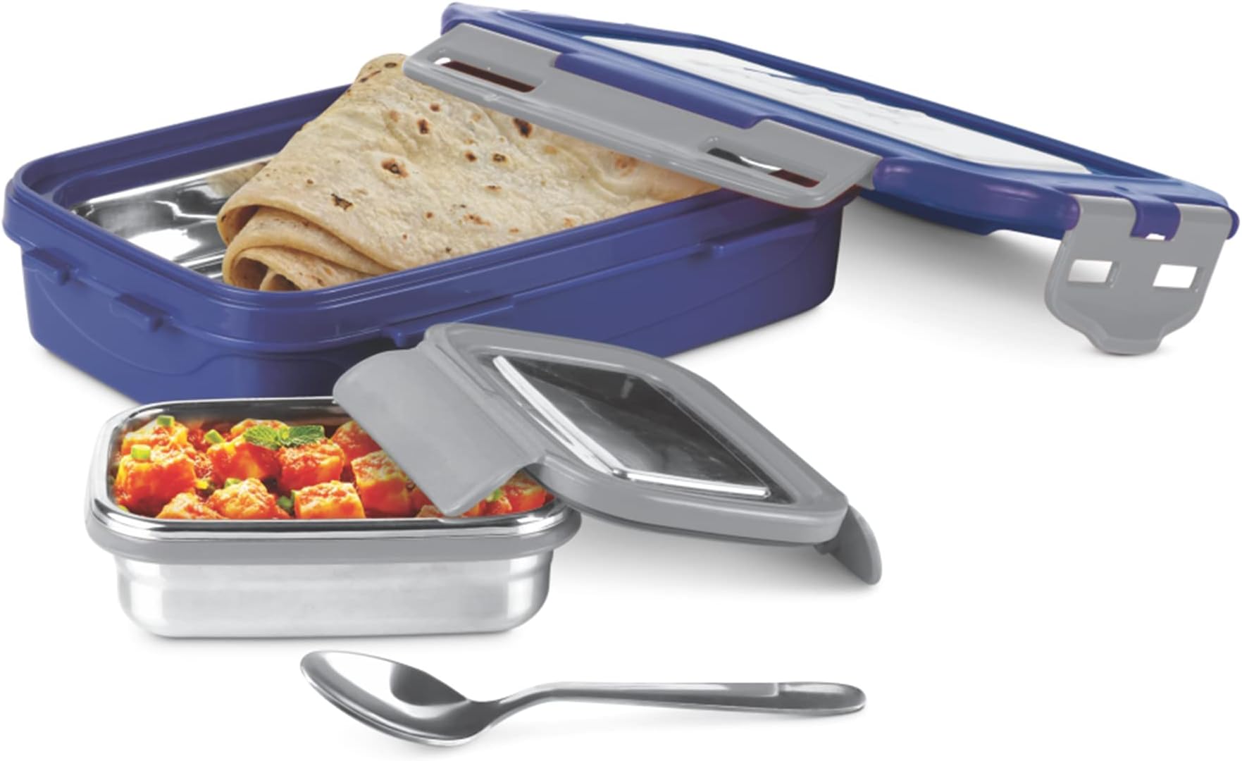 Steely Super Deluxe Big Kids Lunch Box, Inner Stainless Steel Insulated Containers with Clip Lock Lid, 500 ml & 175 ml, Airtight Leakproof Kids Lunch Box, for School & Picnic, Dark Blue