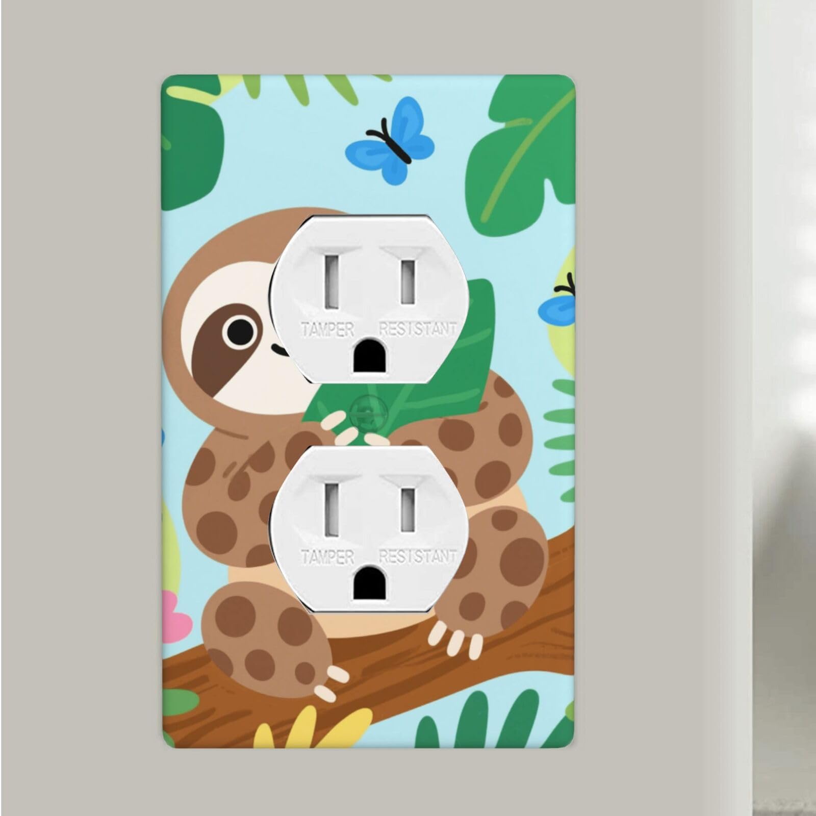 Cute Sloth In Jungle Duplex Outlet Covers Wall Plates 1-Gang Switch Outlet Electrical Cover Plate Unbreakable Polycarbonate Switchplate Cover Faceplate For Bathroom Kitchen Home Decor