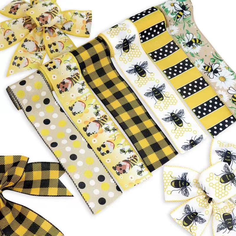 SiCai Ribbon 6 Rolls 30 Yards Bee Ribbon,Wired Edge Ribbon,Honey Ribbon for Spring Summer Craft Wrapping,2.5 inches Stripes,Polka,Dots,Gnome Ribbons
