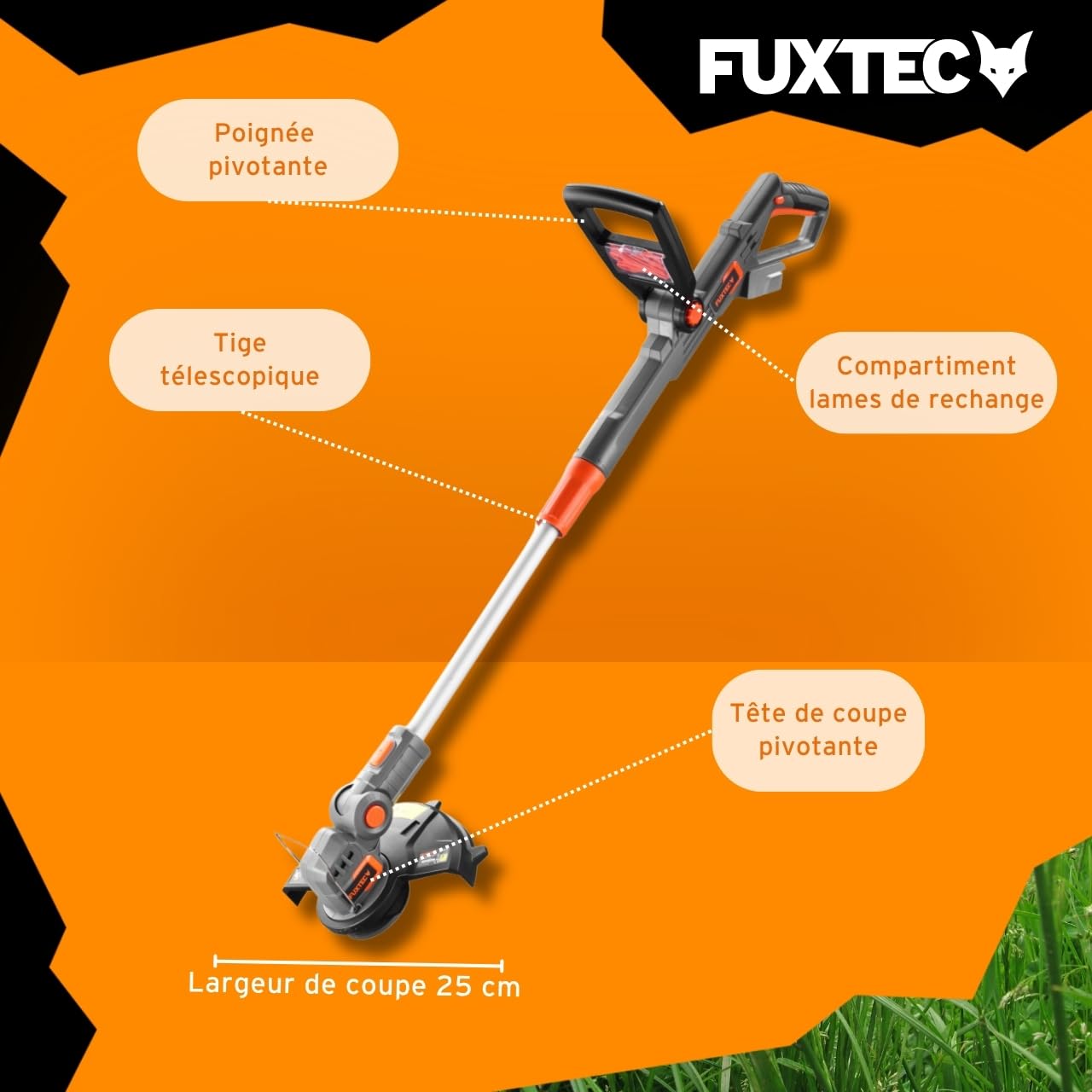 Fuxtec Coupe Gazon/Coupe Bordure à Batterie 20V FX-E1RT20 – sans Batterie Li-ION ni Chargeur – Largeur de Coupe 25 cm