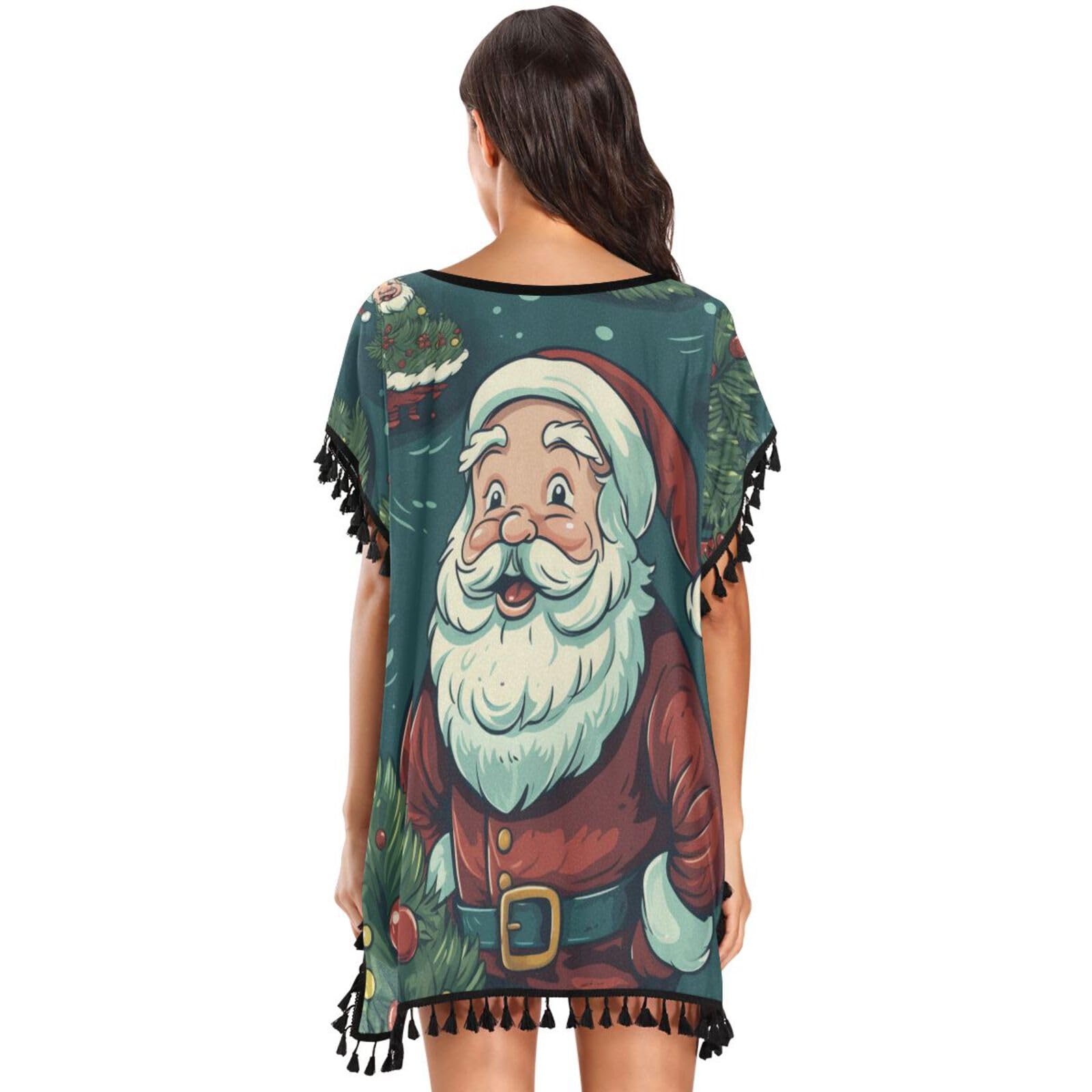 Christmas Art Santa Claus Women's Beach Cover Up Chiffon Tassel Swimwear Swimsuit Coverups for Girl