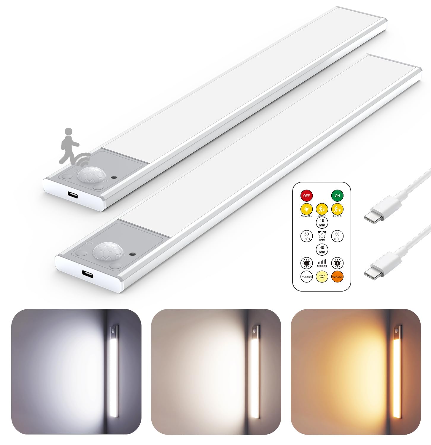 Photo 1 of 12" Ultra-Thin Under Cabinet Lighting Wireless, Aluminum Alloy Under Counter Lights for Kitchen, 3-Color-Temps Magnetic Closet Lights, Rechargeable Motion Sensor Light Indoor (2Pack, Silver)