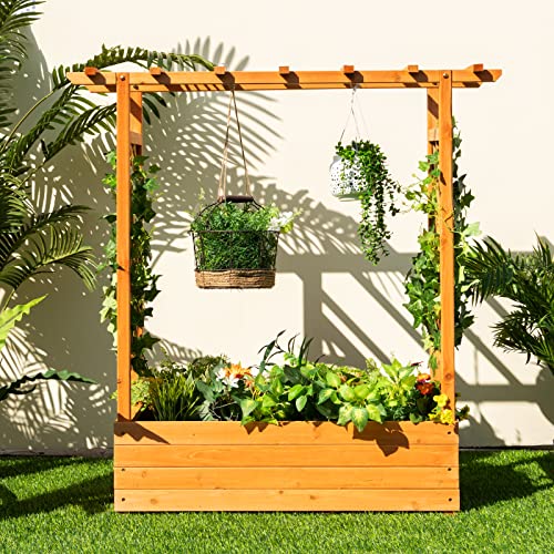 S-AFSTAR-Raised-Garden-Bed-with-Arch-Trellis-Wood-Planter-Box-with-Hanging-Roof-Side-Trellis-4-Drainage-Holes-Above-Ground-Elevated-Garden-Bed-for-Outdoor-Climbing-Plants-Vines-Patio S AFSTAR Raised Garden Bed with Arch Trellis Wood Planter Box with Hanging Roof Side Trellis 4 Drainage Holes Above Ground Elevated Garden Bed for Outdoor Climbing Plants Vines Patio