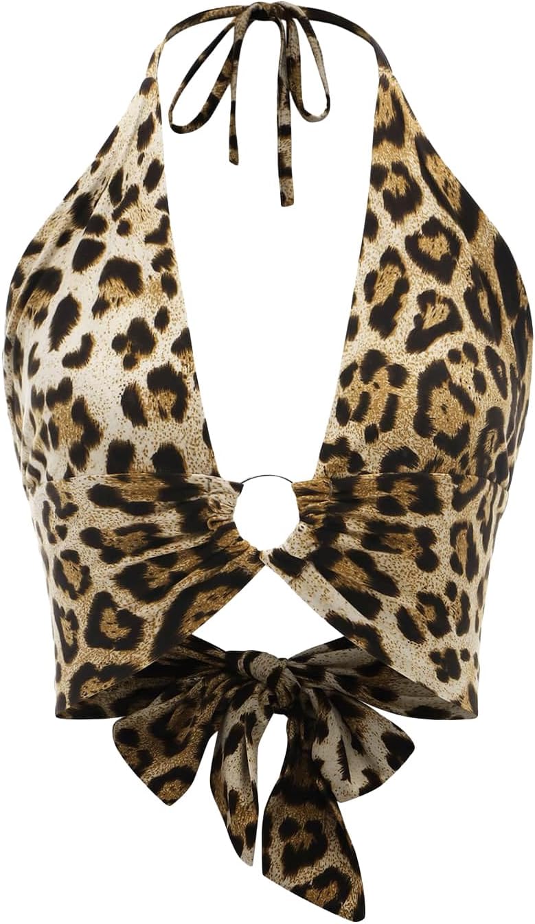 SOLY HUX Women's Leopard Print Cami Crop Top Halter Tie Backless Y2k Tops Large Multicoloured Leopard