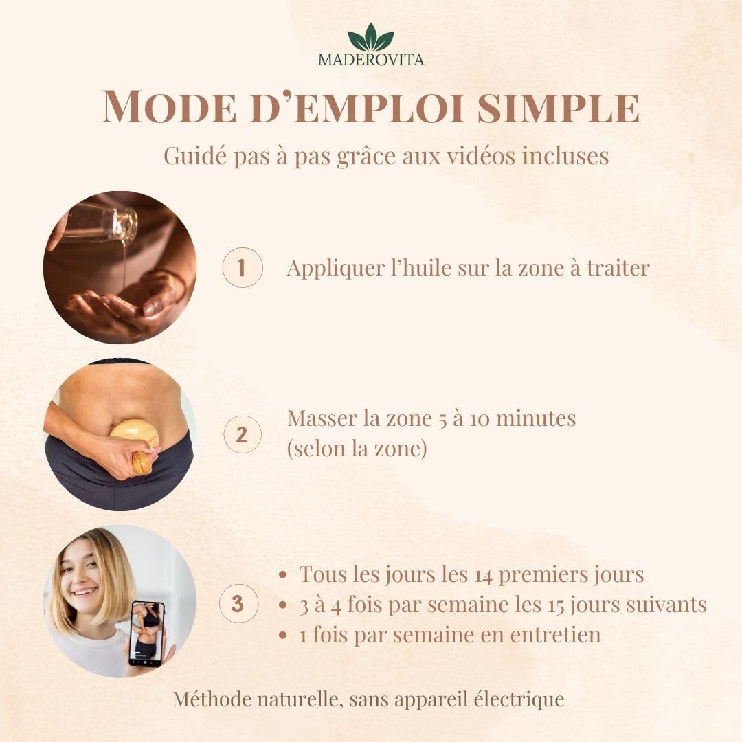 Kit Madérothérapie – Massage Anti-Cellulite & Drainage Lymphatique – Bois Naturel – Raffermissant, Relaxant & Récupération Musculaire – Planche Gua Sha & Champignon – Guide + Vidéos