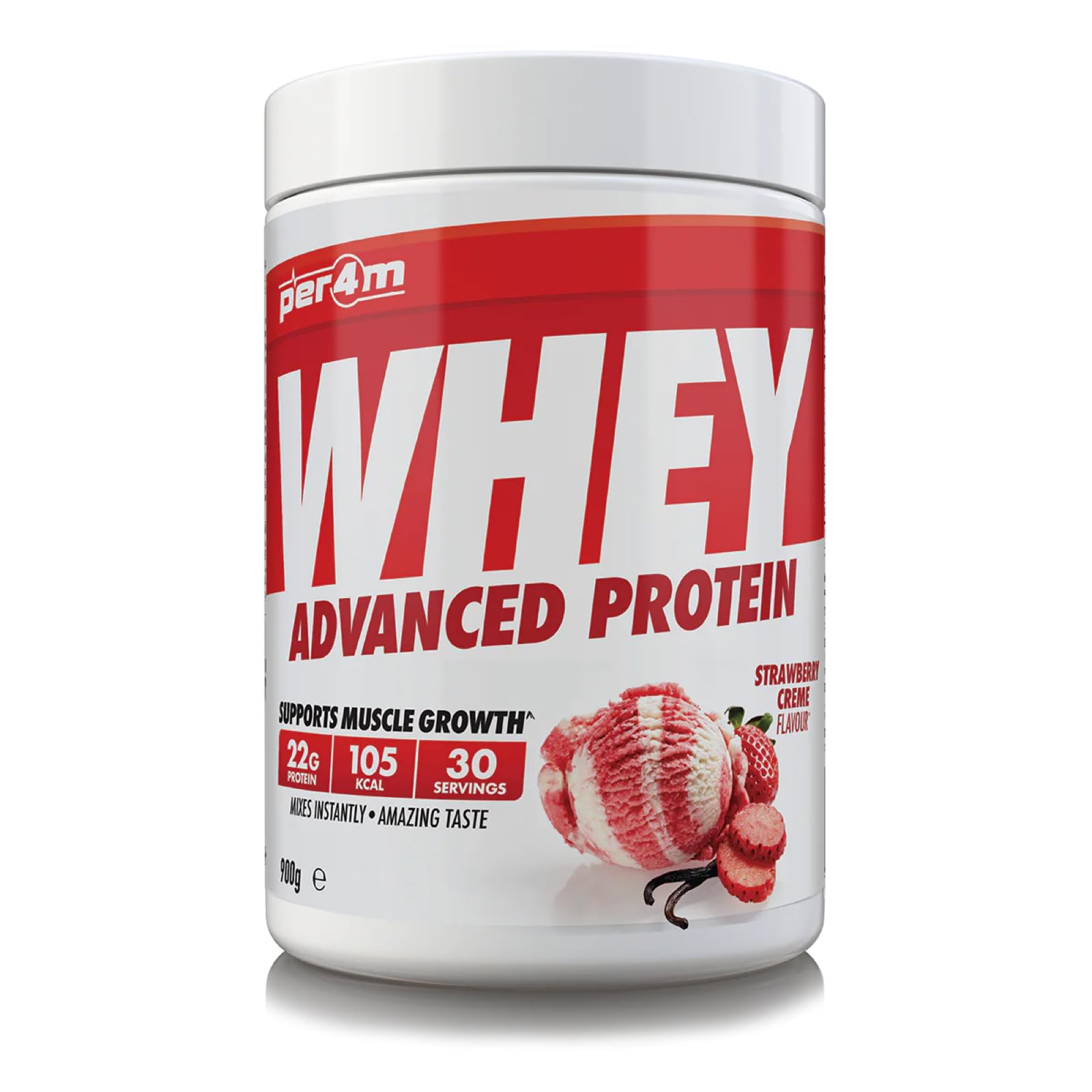 per4mProtein Whey Powder | 30 Servings of High Protein Shake with Amino Acids | for Optimal Nutrition When Training | Low Sugar Gym Supplements (Strawberry Creme, 900g)