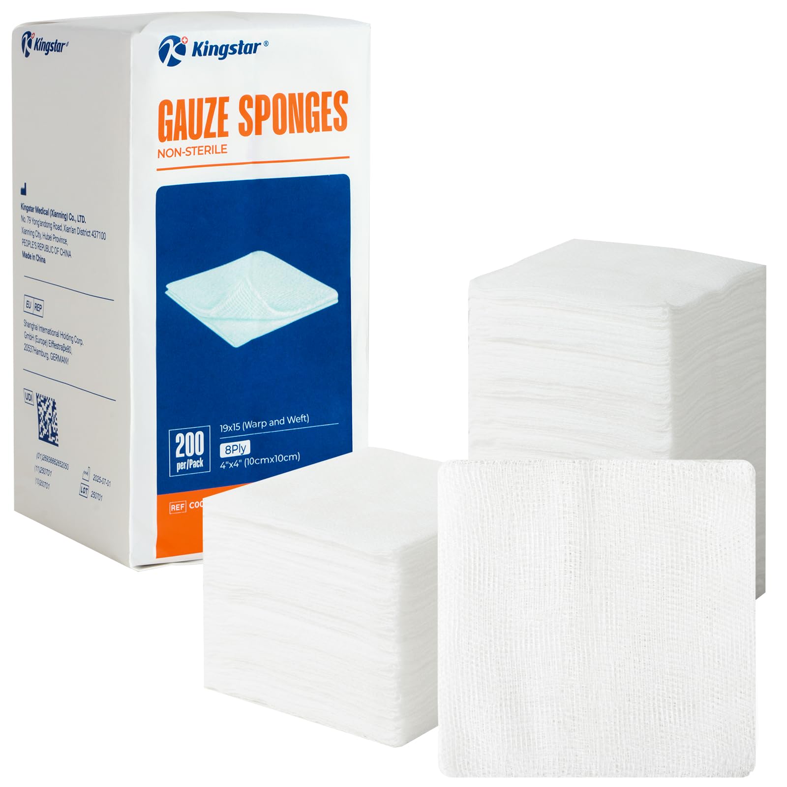 Kingstar 200 Count 4x4 Inch Gauze Sponges 8-Ply