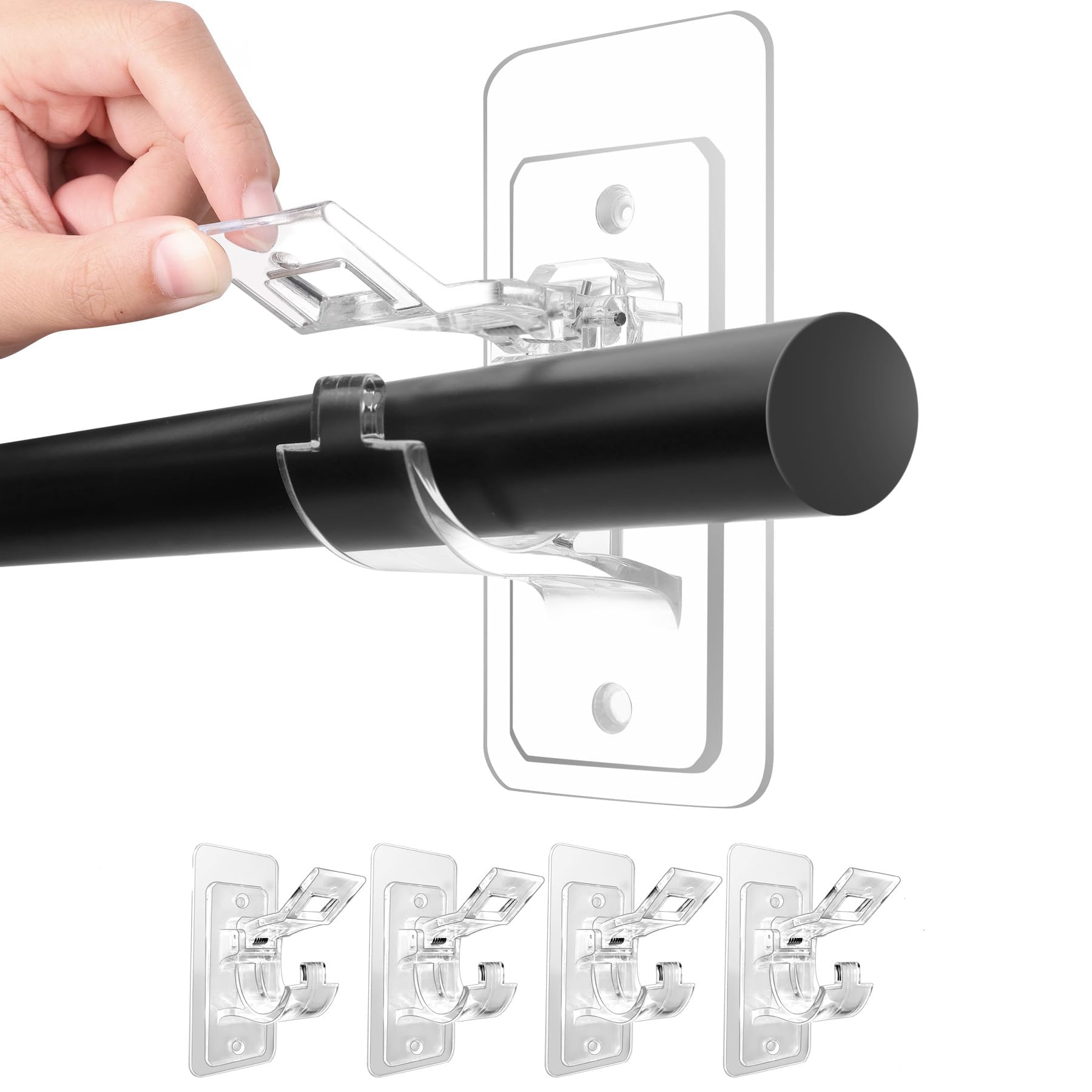 COOLive 4-Pack No Drill Needed Curtain Rod Holders Brackets, Self Adhesive Rod Holder Hooks, Multipurpose Nail Free Stick on Curtain Rod Hooks