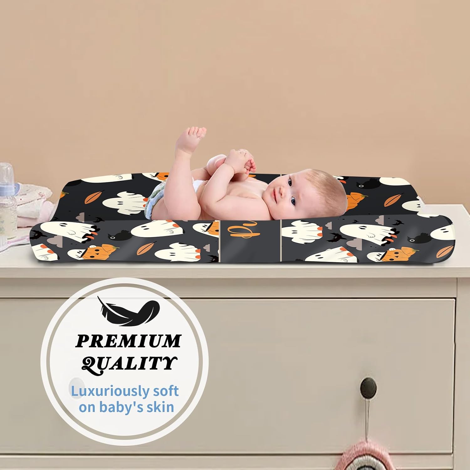 KAINSY Personalized Halloween Black Ghost Pumpkin Print Changing Pad Cover, Custom Diaper Change Table Sheets with Name, Soft Jersey Knit Change Table Sheets, 2 Pack Changing Pad Covers (16" x 32")