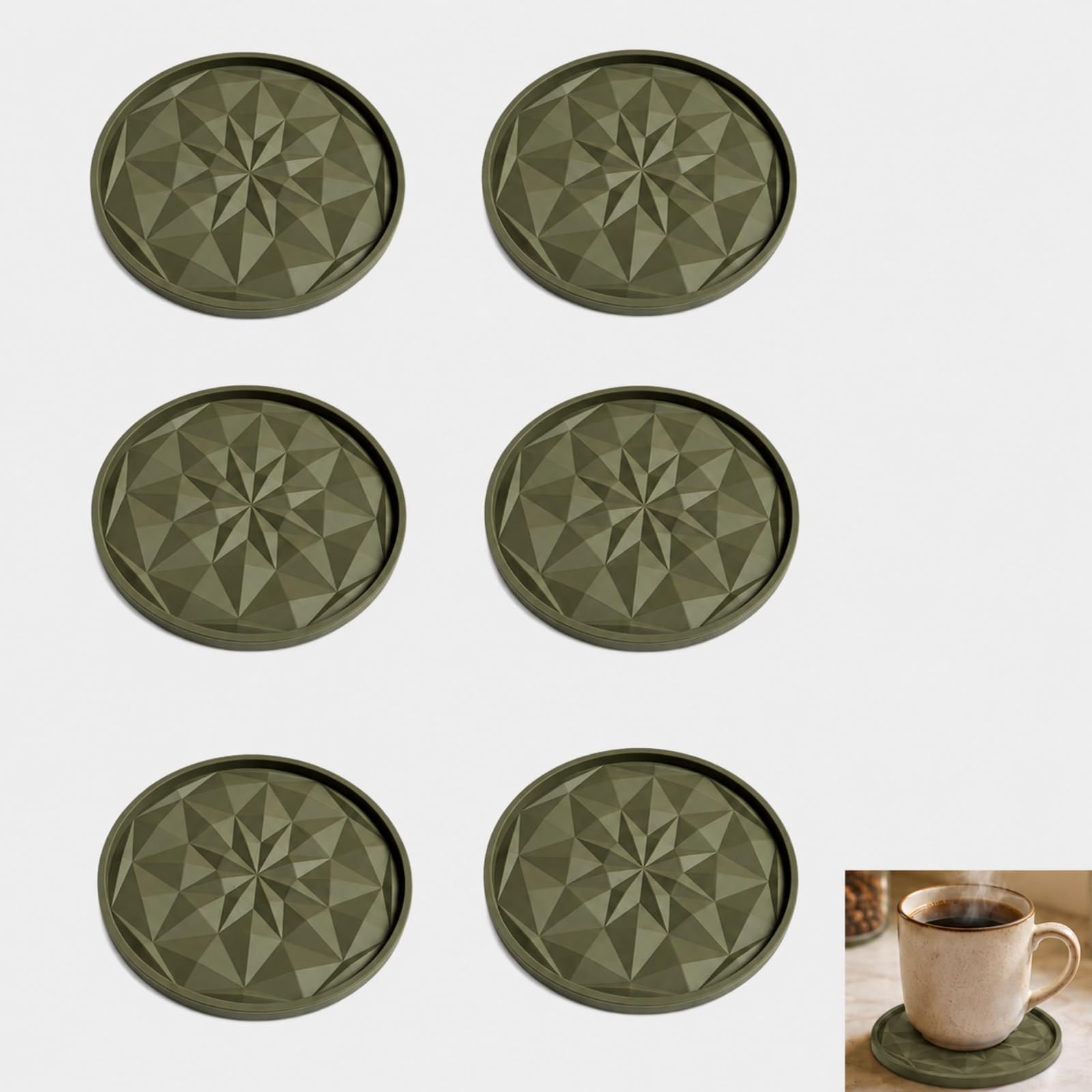 VBK Silicone Coasters Set of 6, Heat Resistant Non Slip Cup for Drinks, Reusable Dishwasher Safe Coffee Tea Mugs Glasses, Kitchen Dining Table Protectors, 10cm Diameter 7mm Thick, Army Green