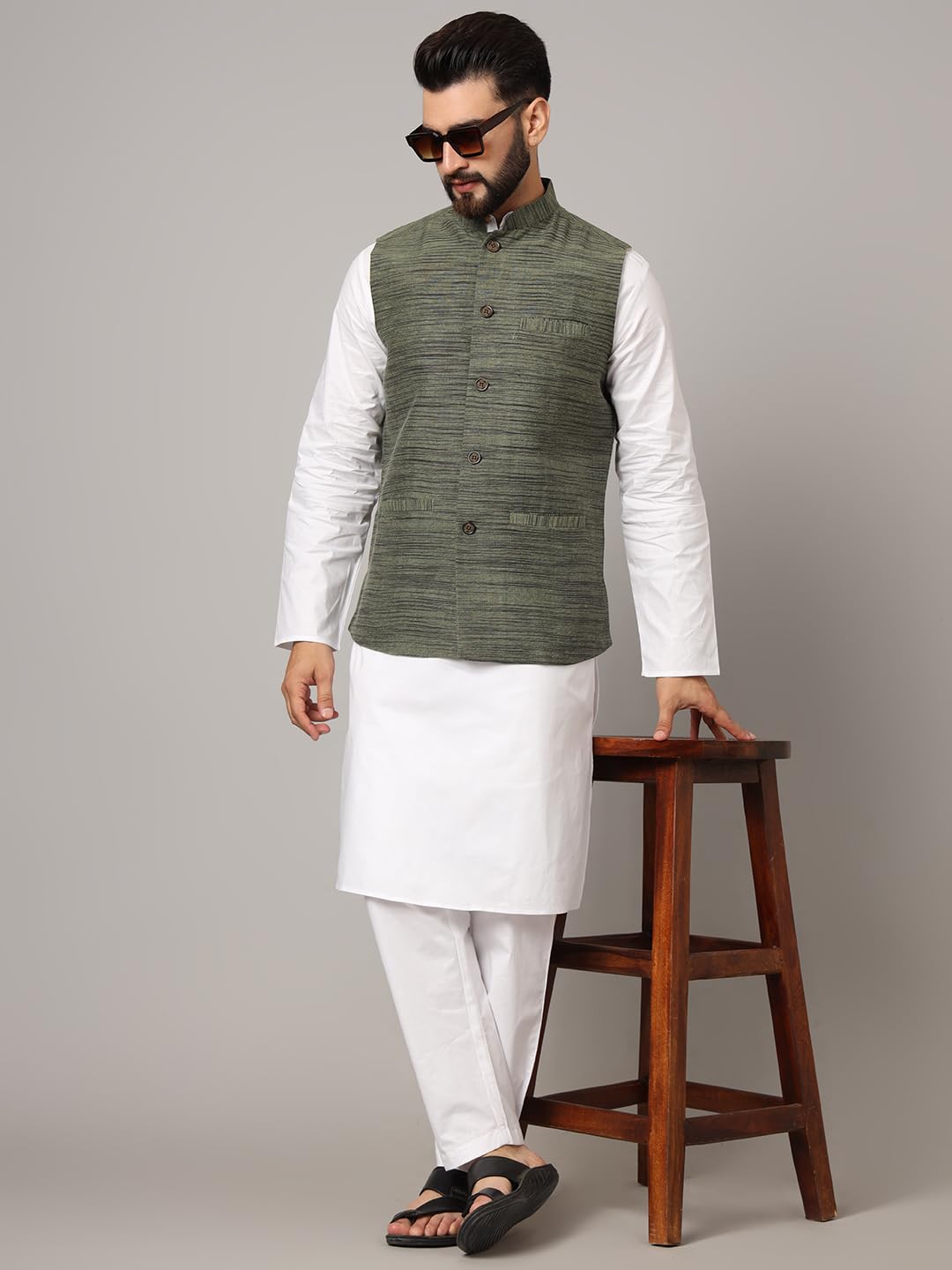 LATEST CHIKAN Men's Nehru Jacket/Waistcoat Sophisticated Ethnic Wear - SADRI-DK-GR-44 - Image 2 thumbnail