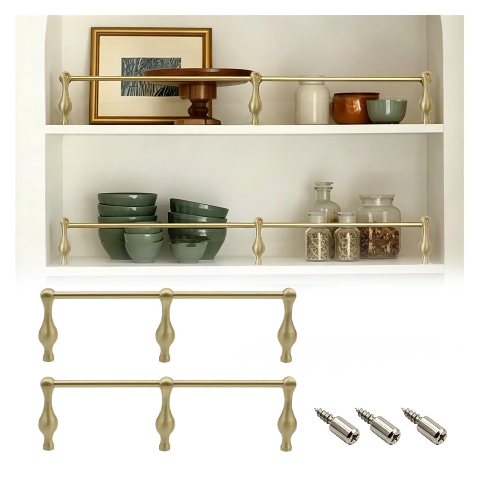 Brass Tipping Gallery Rails Set 20 30 55 60 80 105 130 155 cm, Custom Shelf Guard Rail for Wardrobes/Wine Cabinets, Sturdy Cabinet Guardrail Bar with Mounting Screws(2 Pack,L 22"/55.9cm)