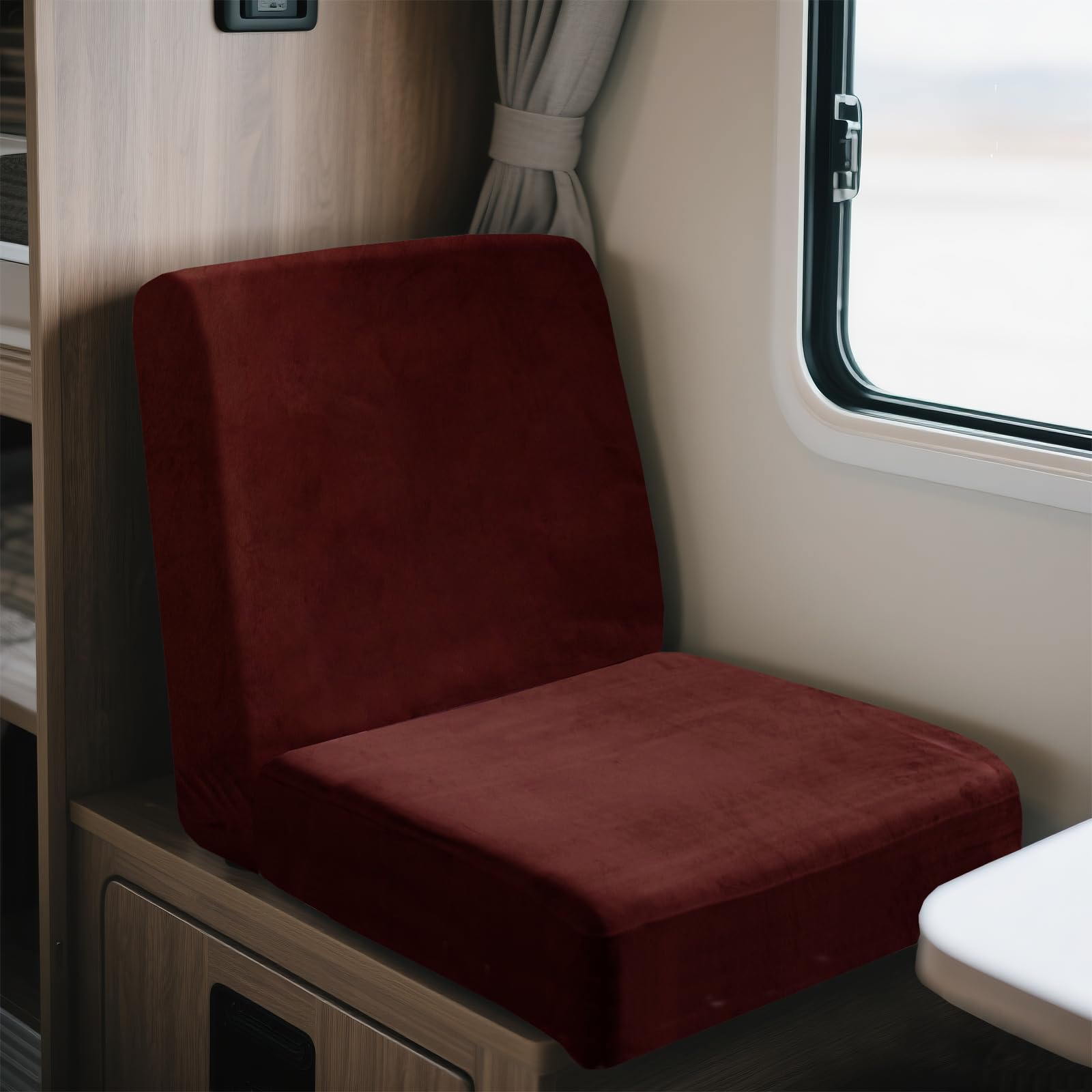 UNBBRRL Motorhome Seat Covers Stretchy Velvet, Caravan Dinette Cushion Cover Set (2pcs), RV Bench/sofa Cushion Cover with Fixing Ties (wine red,Square-S)