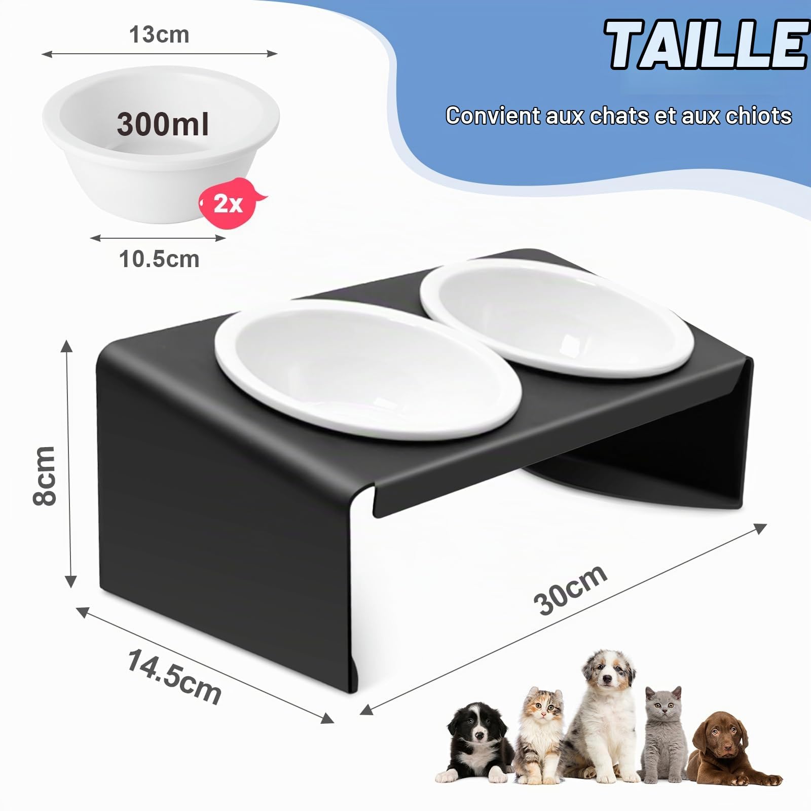 Gamelle Chat Surélevée, Gamelle pour Chien avec Support en Métal Antidérapant Incliné à 15°, 2X Bols Chat Ceramique de Nourriture