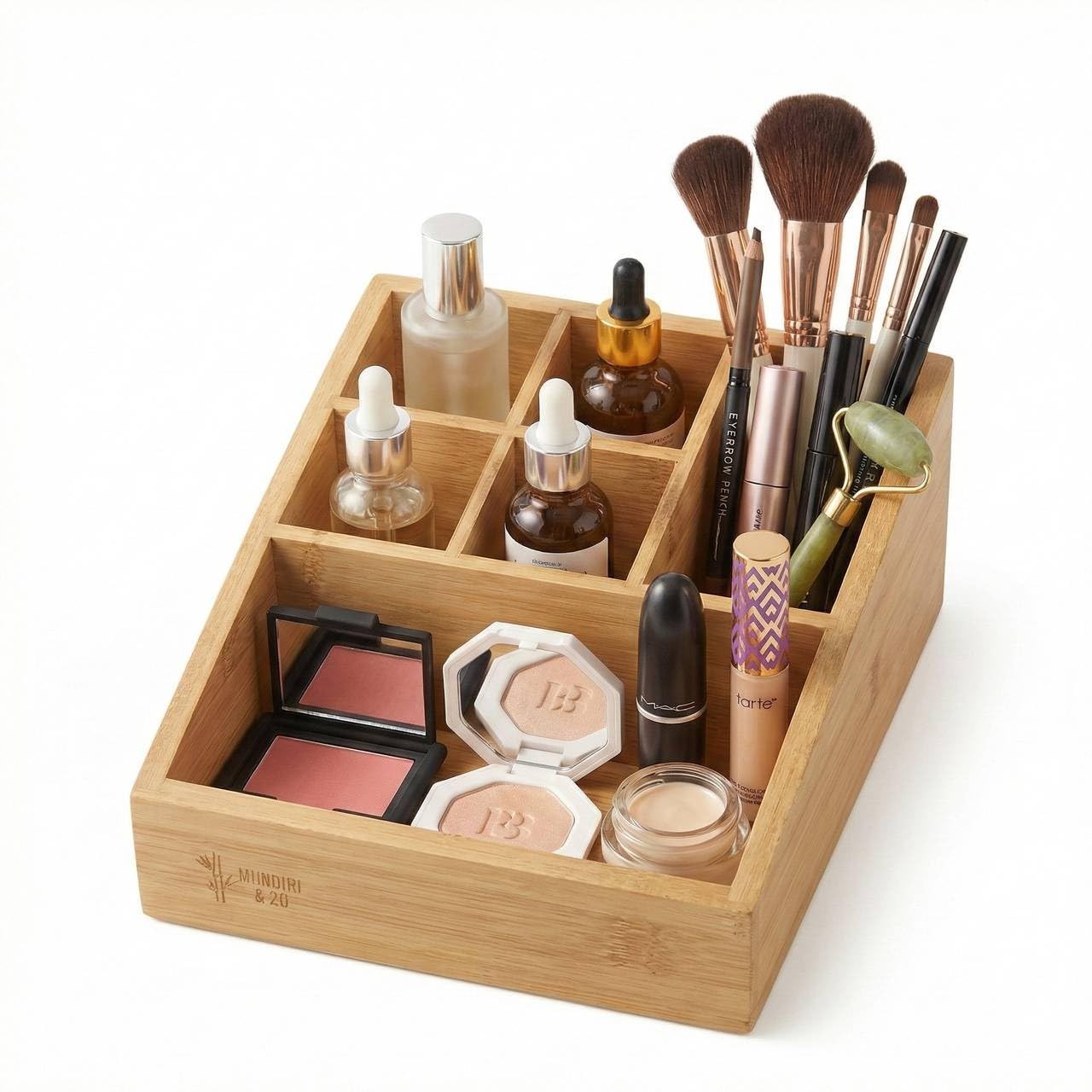 URBNLIVING Bamboo Make Up Organiser, Wooden Cosmetic Storage Box with 6/9/12 Compartments, Vanity Skincare & Makeup Holder for Bathroom Bedroom Dressing Table