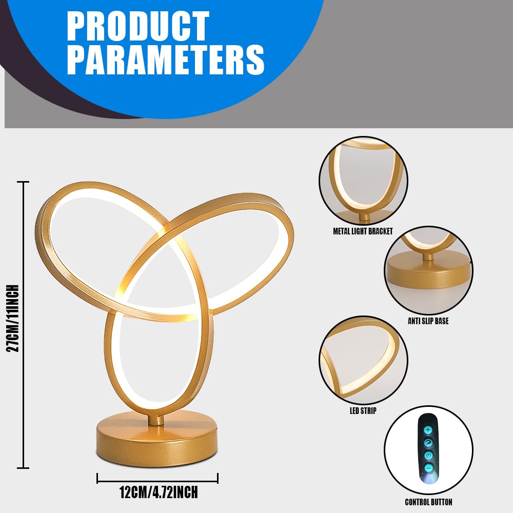 ELINKUME Gouden led-tafellamp, 10 W, bureaulamp, bedlamp, dimbaar, met 3 kleurtemperaturen, voor thuis, kantoor, bureaulamp voor werk en studie, moderne decoratieve tafellamp met kabel