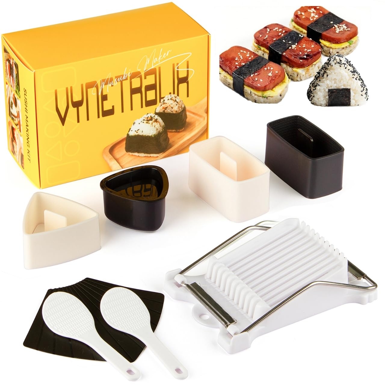 Musubi Press Mold Kit, Includes 2 Musubi Makers, 2 Onigiri Molds, 2 Rice Paddles, Temaki Roller & Luncheon Meat Slicer – Easy to Clean, Dishwasher