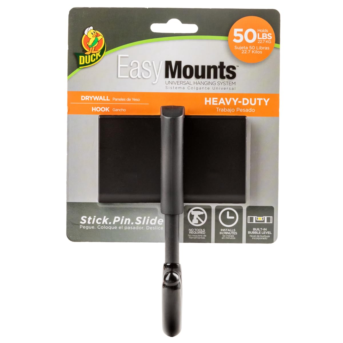 Duck EasyMounts Garage Hooks Heavy Duty - Storage and Organization for Tools - Wall Mount Hook for Sheds and Outdoor - No Tool Install - Up to 50 lbs - Black, Pack of 1 Hook & All Hanging Hardware